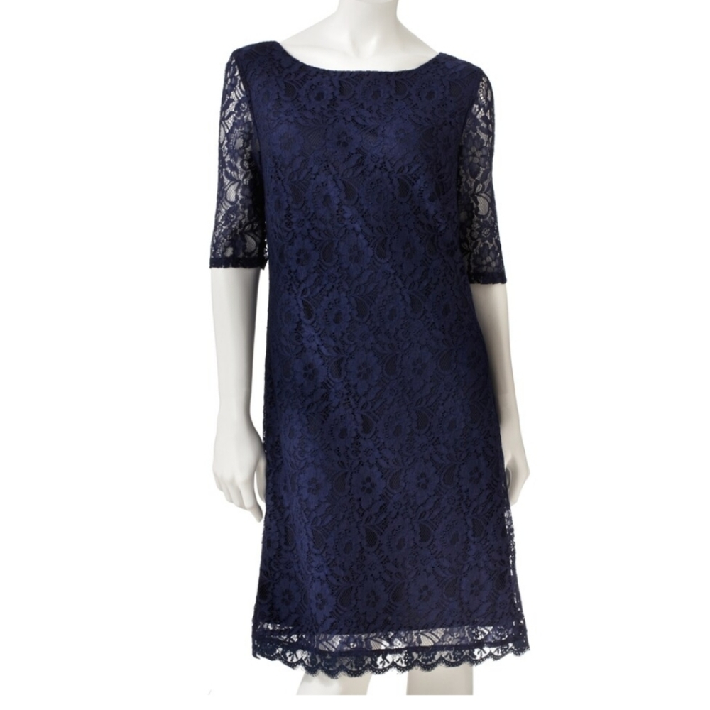 Dana Buchman lace 3/4 sleeve cocktail dress navy M